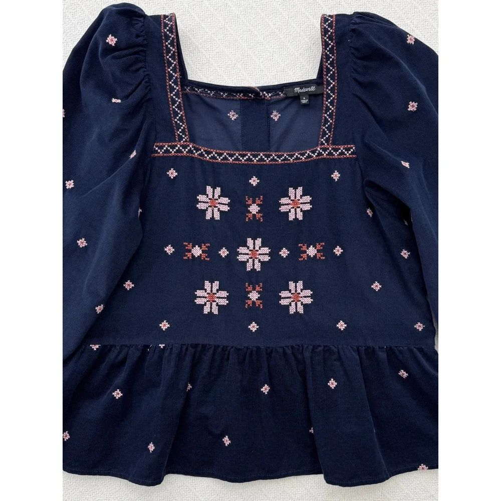 Madewell Embroidered Corduroy Button-Back Peplum Top Navy Puff Sleeve Small
